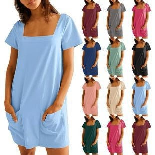 💕Summer Hot Sale 60% OFF 💃Women's Casual Square Neck Pocket Short Sleeve Dress with Pockets