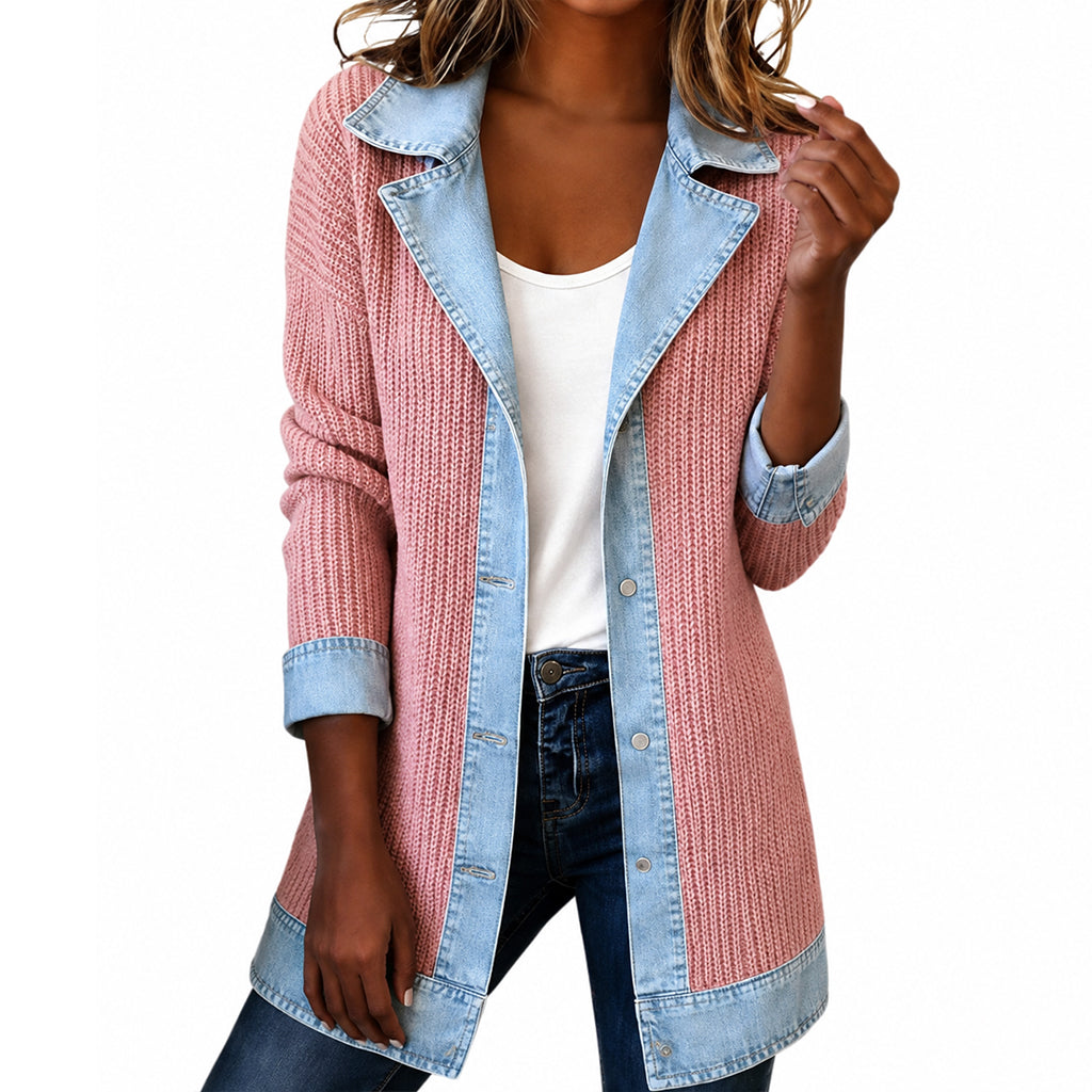 🏆LAST DAY-50% OFF🔥Women’s Elegant Denim Spliced Ribbed Knit Coat