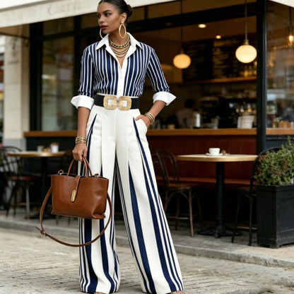 💞SUMMER HOT SALE💞50K+ SOLD!💥60% OFF! 🔥 Women's Striped Shirt & Wide-Leg Pants 2-Piece Set