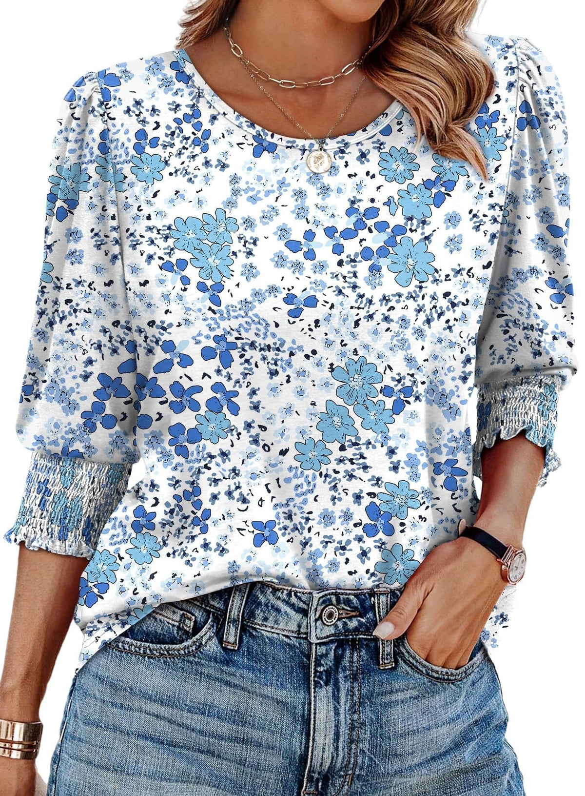 ⏰Limited Time Sale-50% OFF🏖️Women Dressy Casual 3/4 Length Sleeve Blouses with Smocked Cuffs