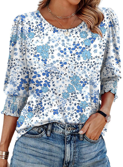 ⏰Limited Time Sale-50% OFF🏖️Women Dressy Casual 3/4 Length Sleeve Blouses with Smocked Cuffs