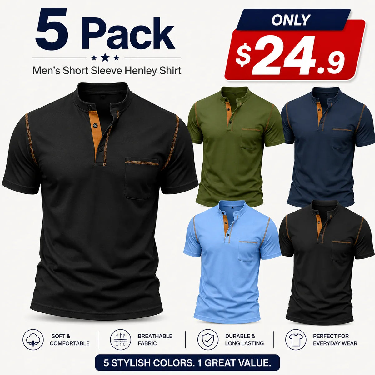 Seasonal Clearance Sale ⚡10 for Just 29.99 Men's Casual Short-Sleeve Henley Pocket T-Shirt