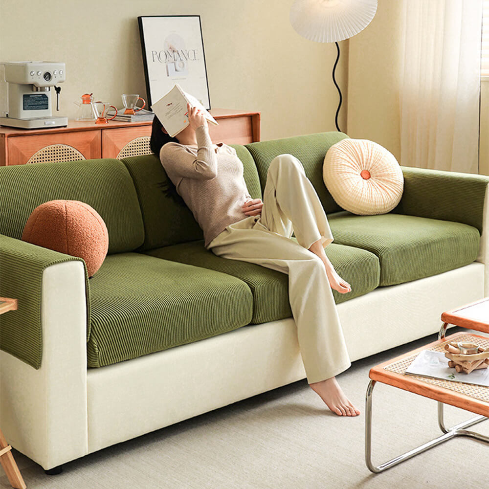 Vertical Stripe Corduroy Anti-Scratch Stretch Full-Cover Sectional Couch Cover