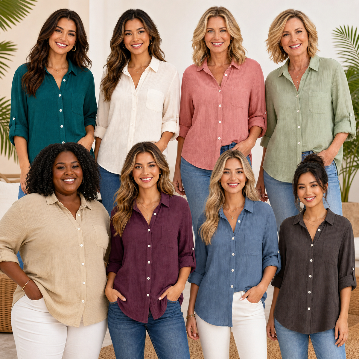 Limited Deal 8-Pack Women's Crinkled Roll-Tab Button Front Blouses