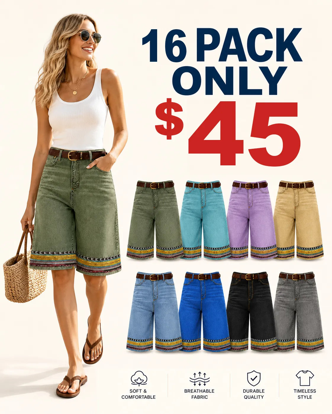⏰ ⚡8 Pack for $29⚡Women’s Printed Hem Denim Bermuda Shorts