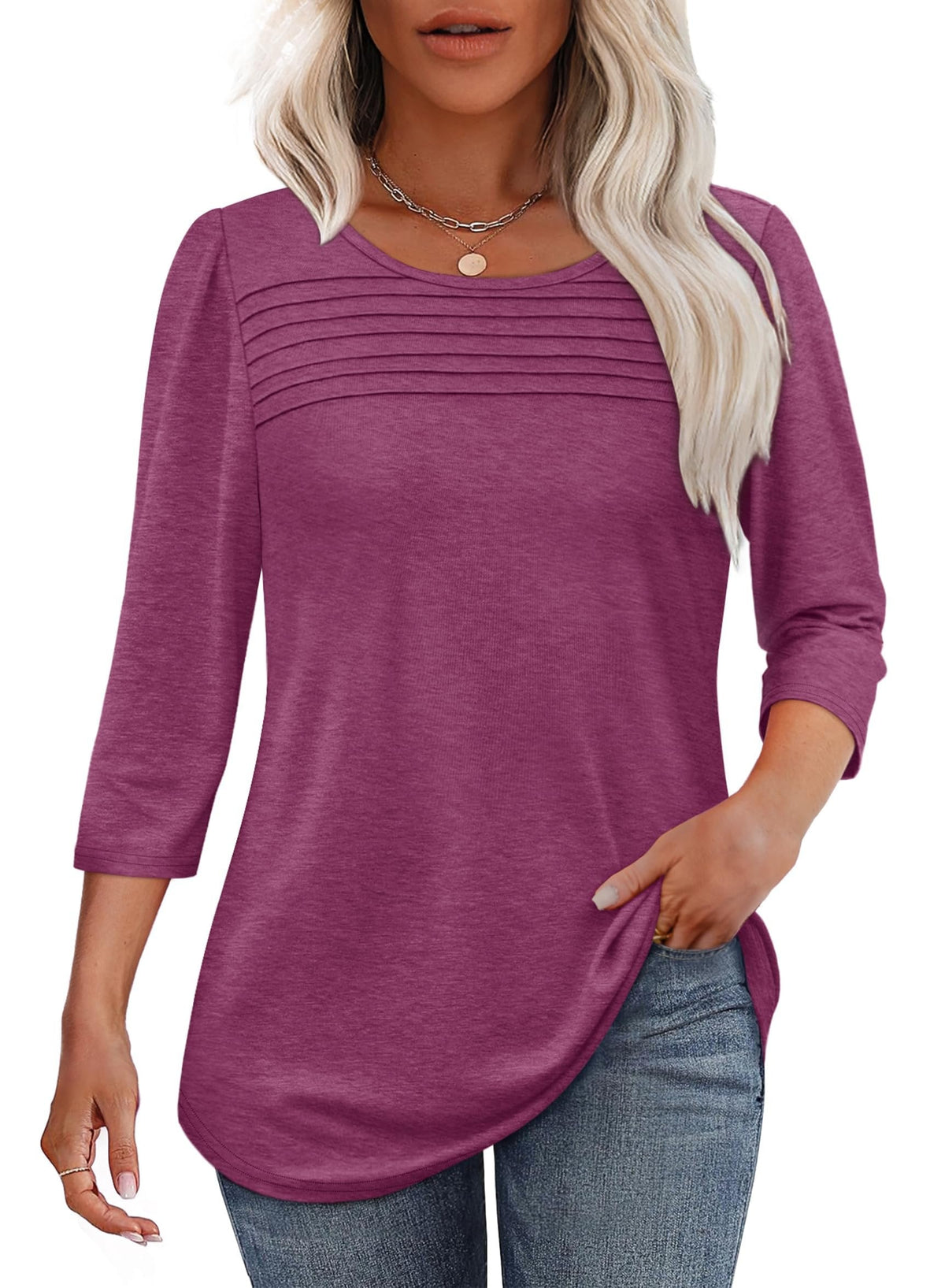 🔥Last Day 60% OFF🔥 2025 Women's 3/4 Length Sleeve Top Pleated Front T-Shirt