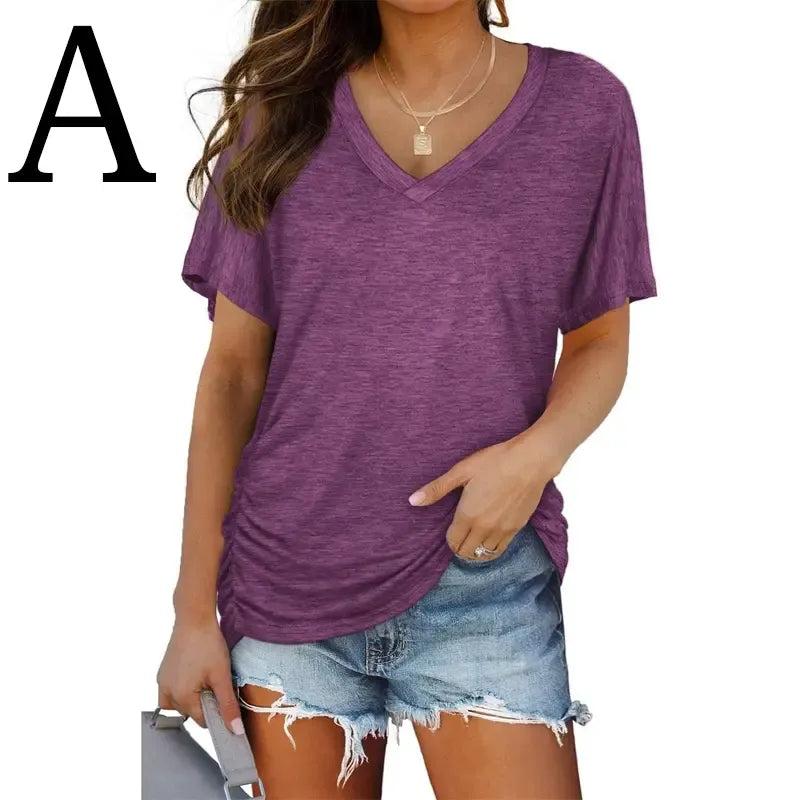 SwimWeek Womens Short Sleeve V Neck Dolman Tops with Side Shirring Loose Fit Shirts