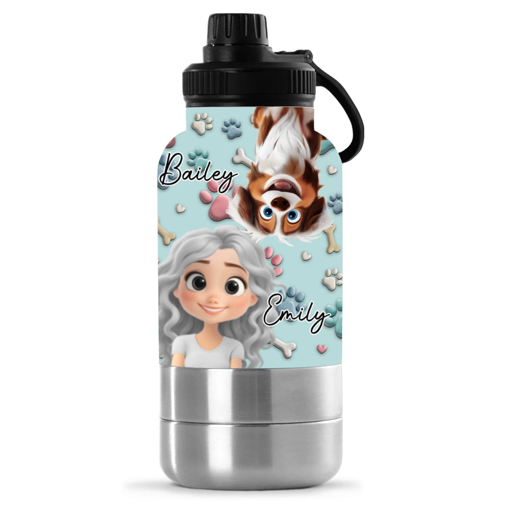 Dog And Human Cartoon - Personalized 30oz Water Bottle With Pet Bowl