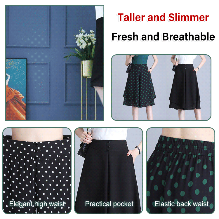 🔥Women's High Elastic Waist Pleated With Pockets Chiffon Wide Leg Culottes