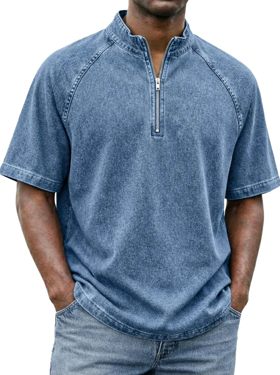 Men's Casual Quarter-Zip Stand Collar Short Sleeve Tee