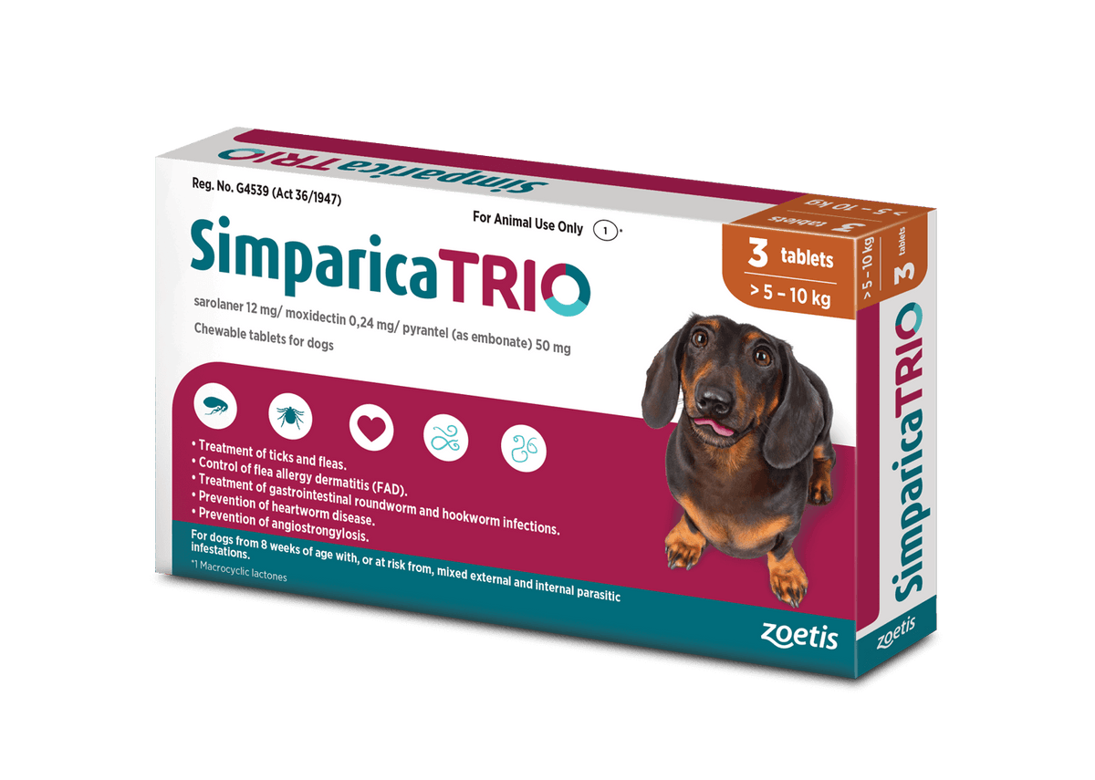 Simparica Trio For Dogs 5.1kg - 10kg x 3 Tablets (Caramel)