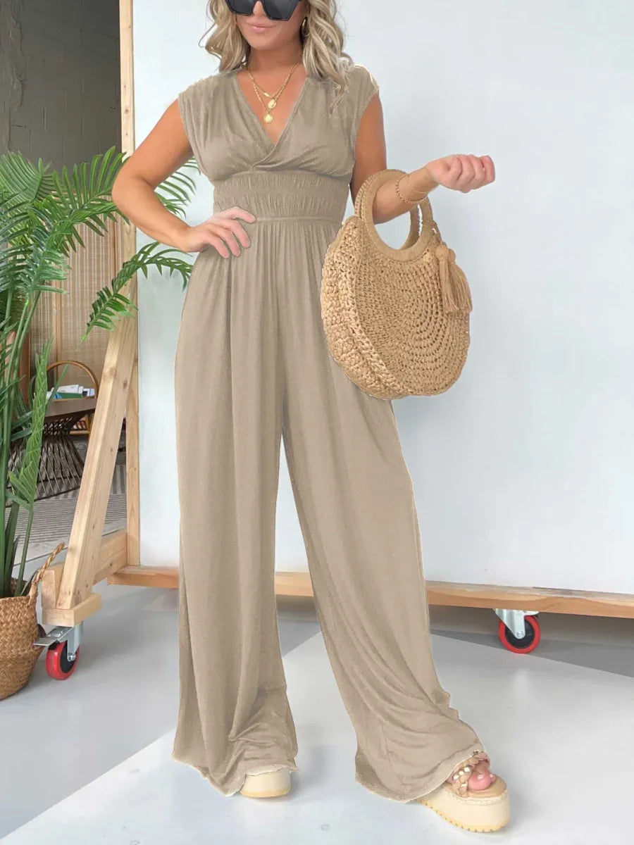 🔥V-Neckline Wide Leg Jumpsuit with Adjustable Back Tie