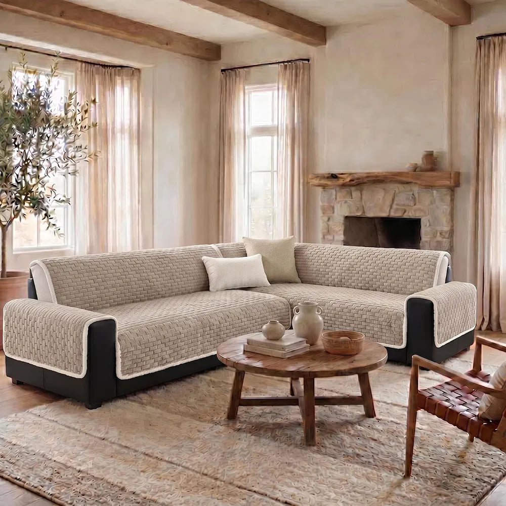 One-Piece Plush Scratch-Resistant Large Sectional Couch Covers with Elastic Straps