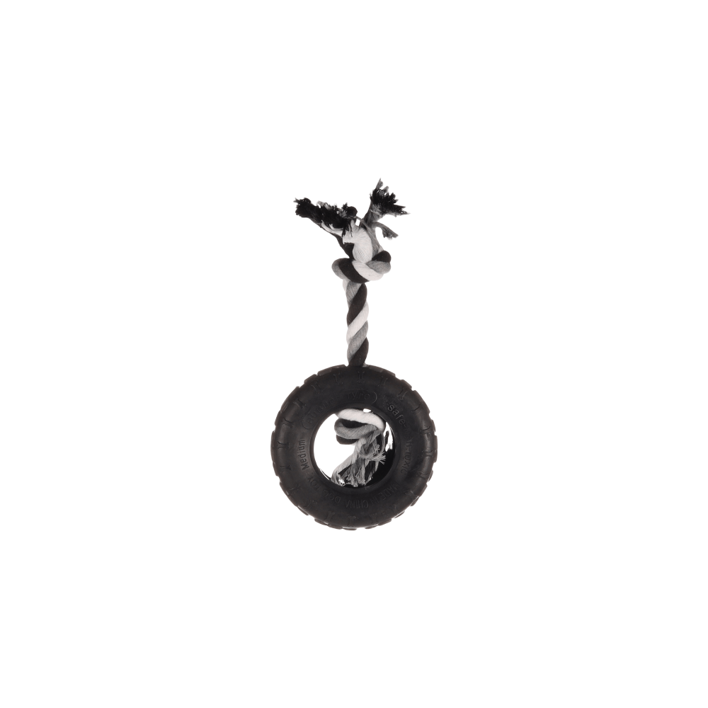 Flamingo Dog Toy Rubber Gladiator Tyre And Rope Black 14cm