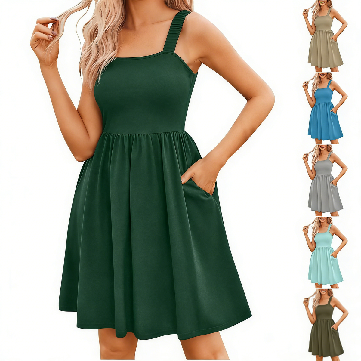 ⏰Hot Sale 70% Off💃Women's Summer Square Neck A-Line Mini Dress with Pockets