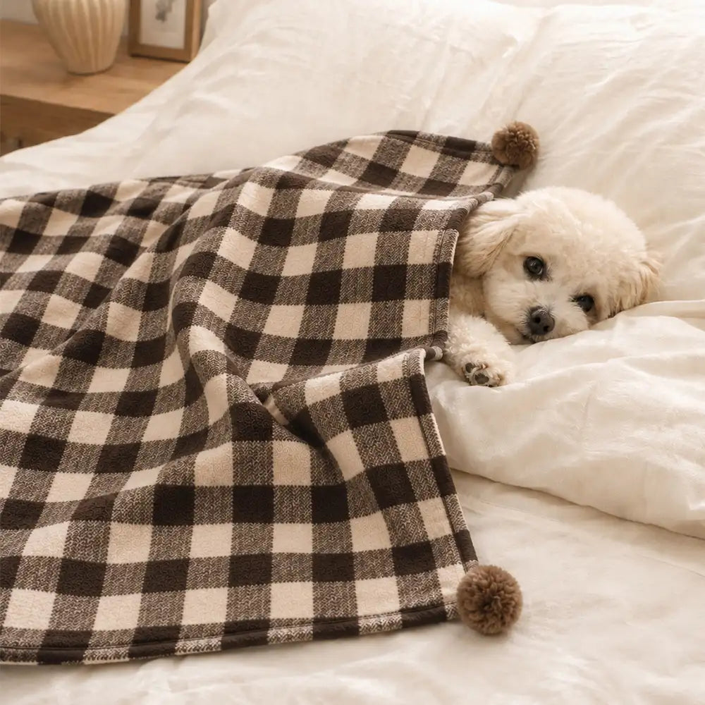 Cozy Reversible Plaid Plush Pet Throw Blanket with Pom-Poms