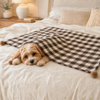 Cozy Reversible Plaid Plush Pet Throw Blanket with Pom-Poms