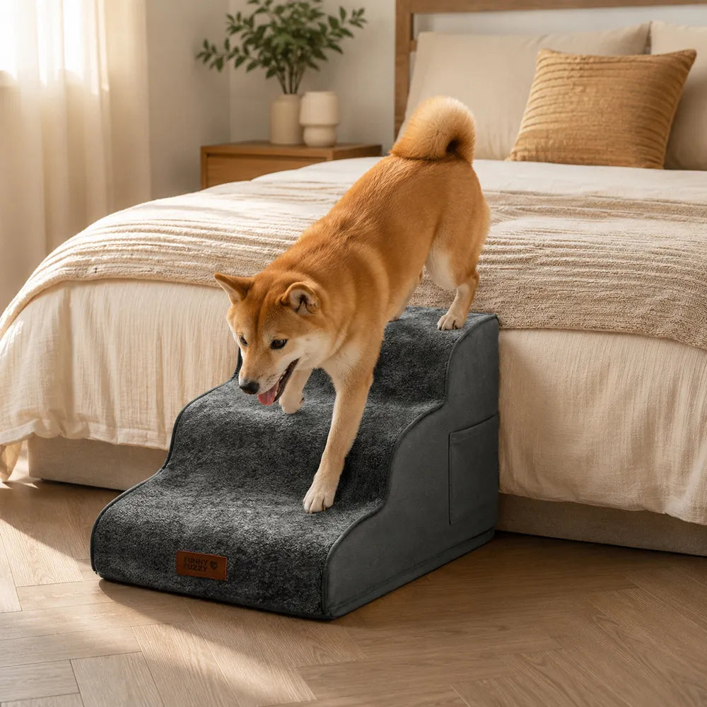 Plush Velvet 2-in-1 Foam Dog Stairs for Beds & Couches
