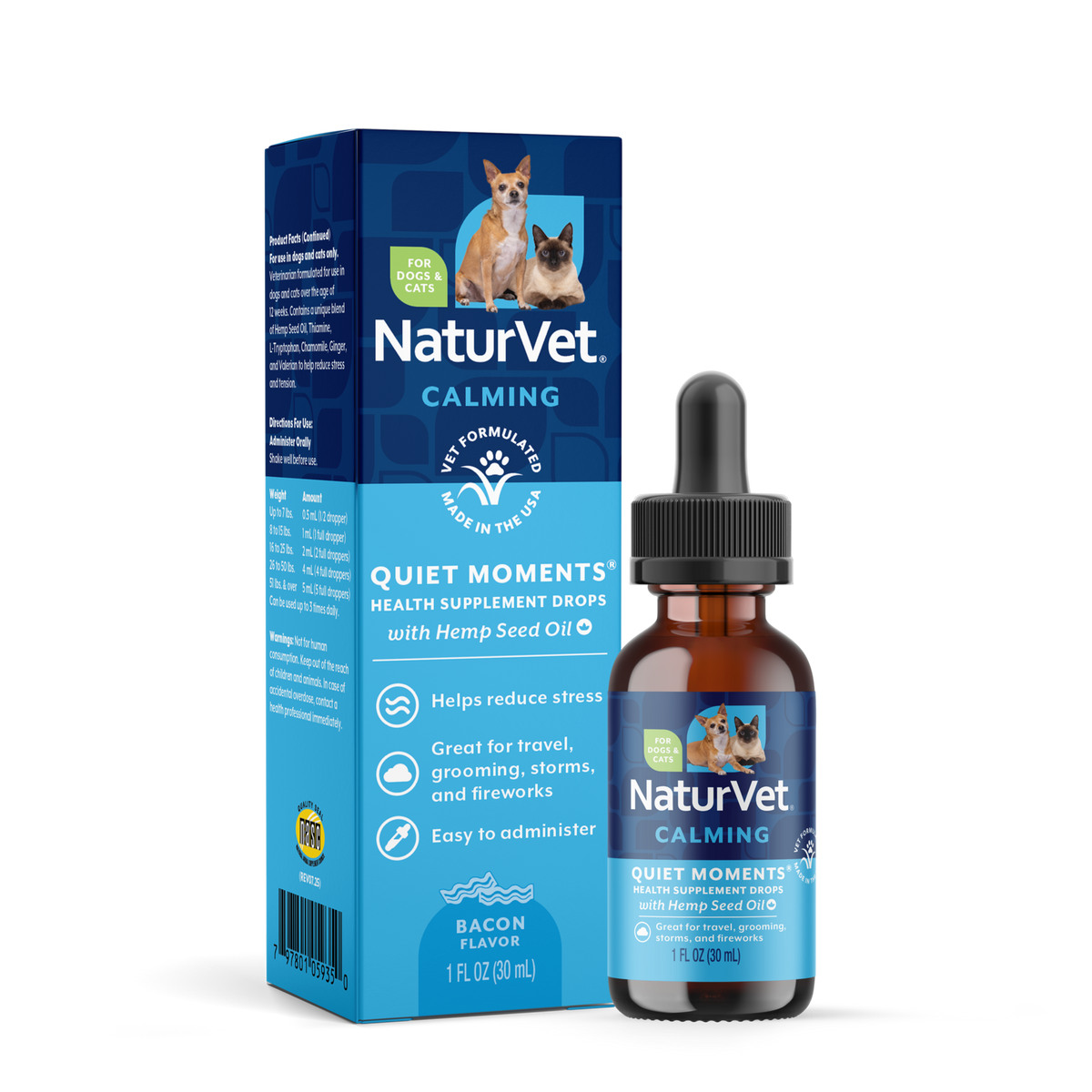 NaturVet Quiet Moments with Hemp Seed Oil Calming Supplement Drops for Dogs and Cats, Bacon Flavor, 1 fl oz