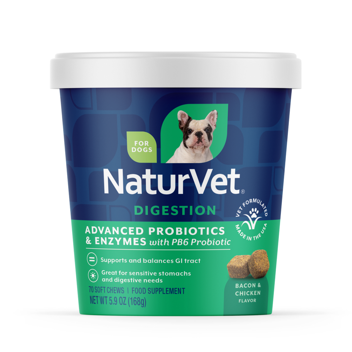 NaturVet Advanced Probiotics & Enzymes Digestion Supplement for Dogs, Bacon & Chicken Flavor, 70 Count