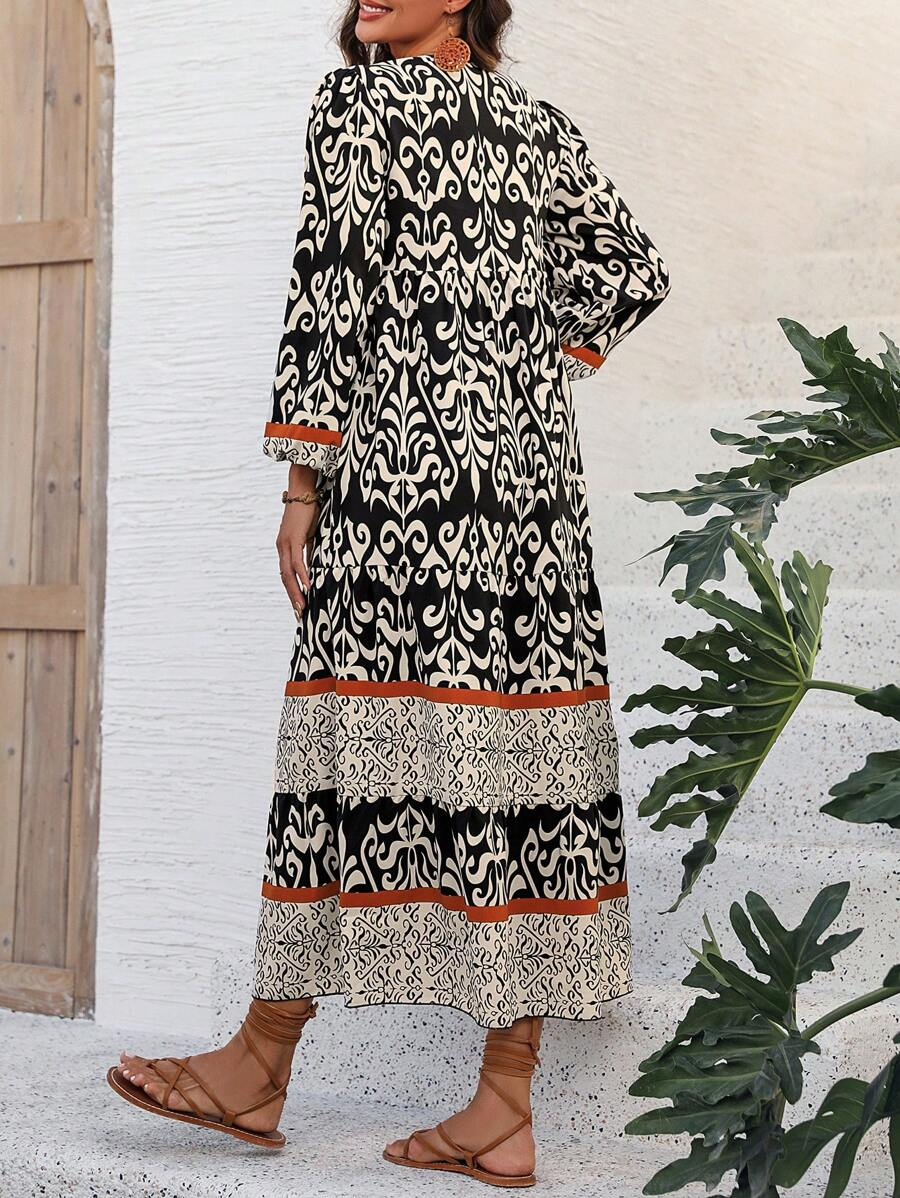 💝Women's V-Neck Lantern Sleeve Ethnic Floral Print Dress