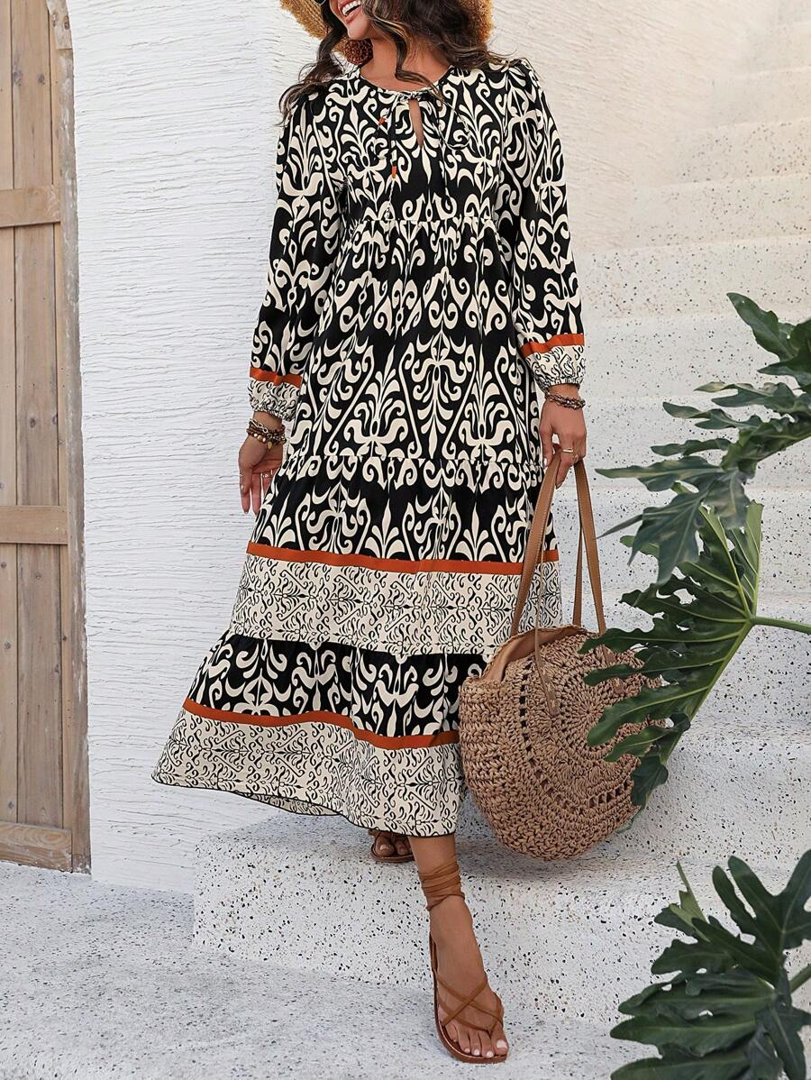 💝Women's V-Neck Lantern Sleeve Ethnic Floral Print Dress