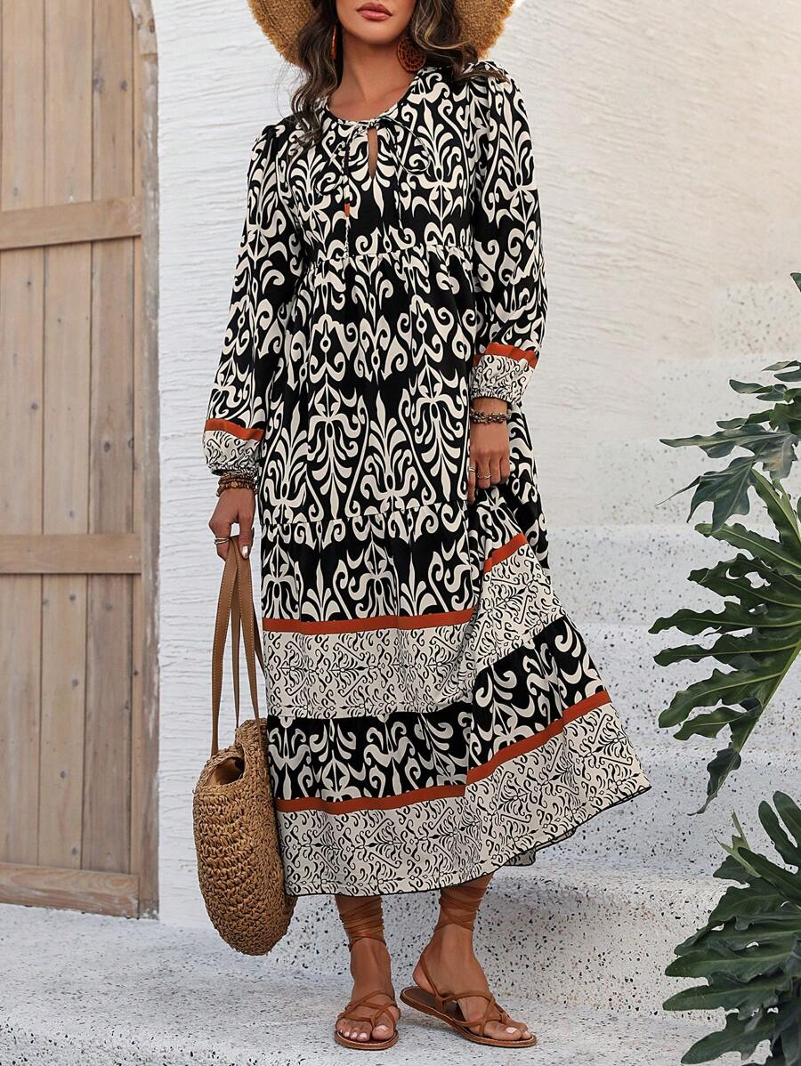 💝Women's V-Neck Lantern Sleeve Ethnic Floral Print Dress