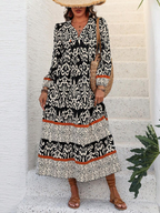 💝Women's V-Neck Lantern Sleeve Ethnic Floral Print Dress