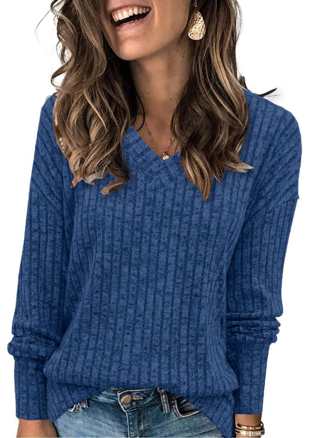 💖LAST DAY SALE 50% OFF✨Women's V Neck Long Sleeve Solid Sweater