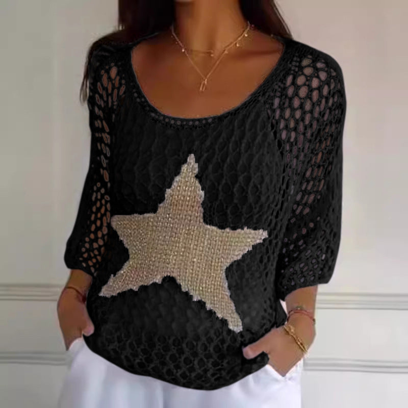 💥Limited Sale 70% OFF💥Women's Fashion Round Neck Crochet Knit Fishnet Top🤩
