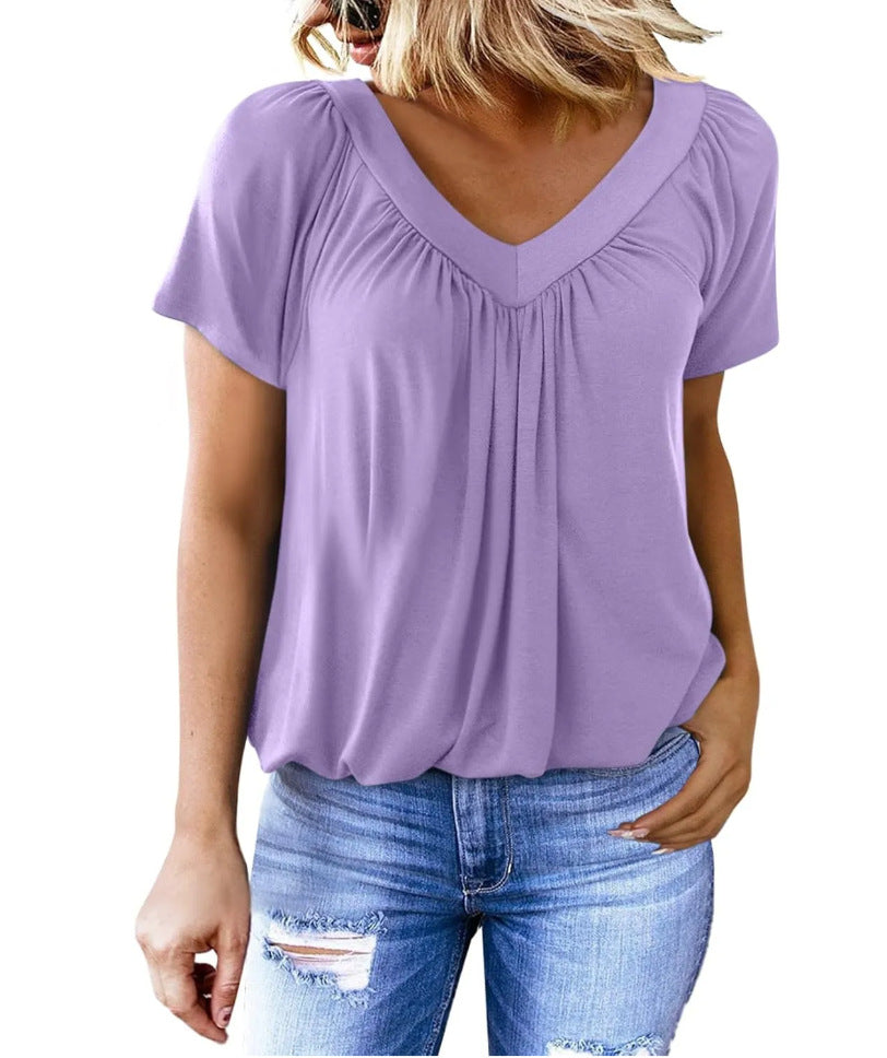 ✨2026 Hot Sale-70% Discount✨Women's Casual Pleated V-Neck Short-Sleeve Top