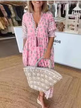 🌸Spring Specials 50% OFF👗Boho Floral V Neck High Waist A-Line Swing Dress