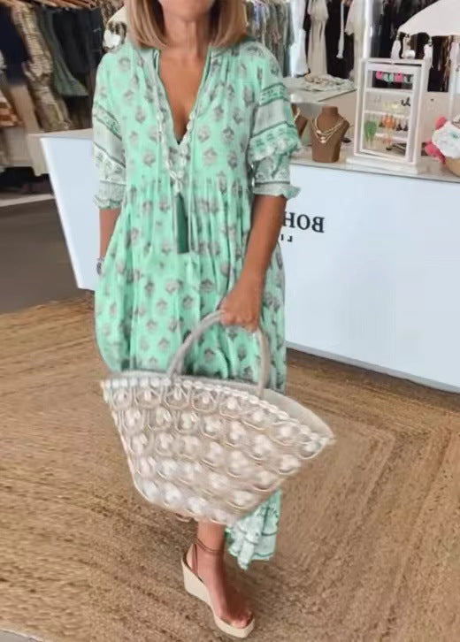 🌸Spring Specials 50% OFF👗Boho Floral V Neck High Waist A-Line Swing Dress