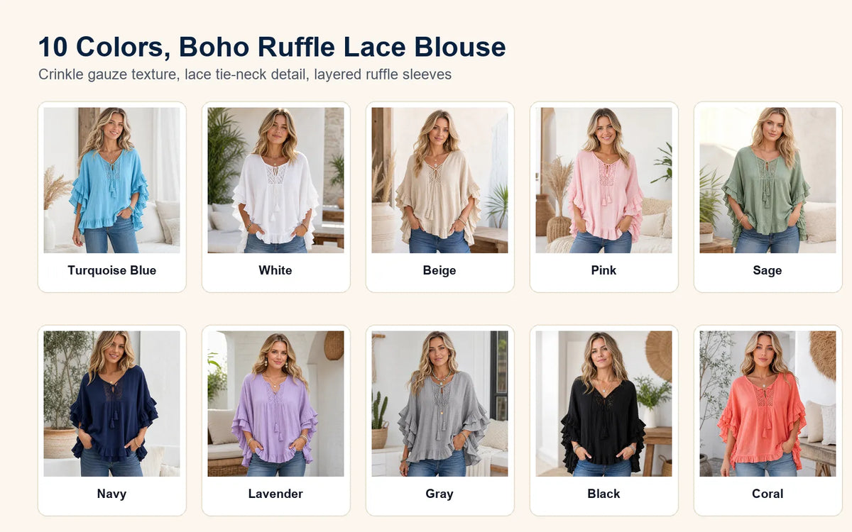 ⏰ ⚡10 Pack for $28⚡Women's Boho Ruffle Lace Tie-Neck Blouse