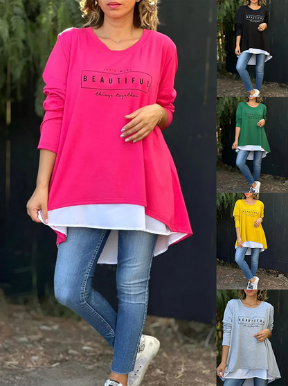 💙Buy 2 Free shipping💙Letter Print Fake Two Piece Long Sleeve T-shirt