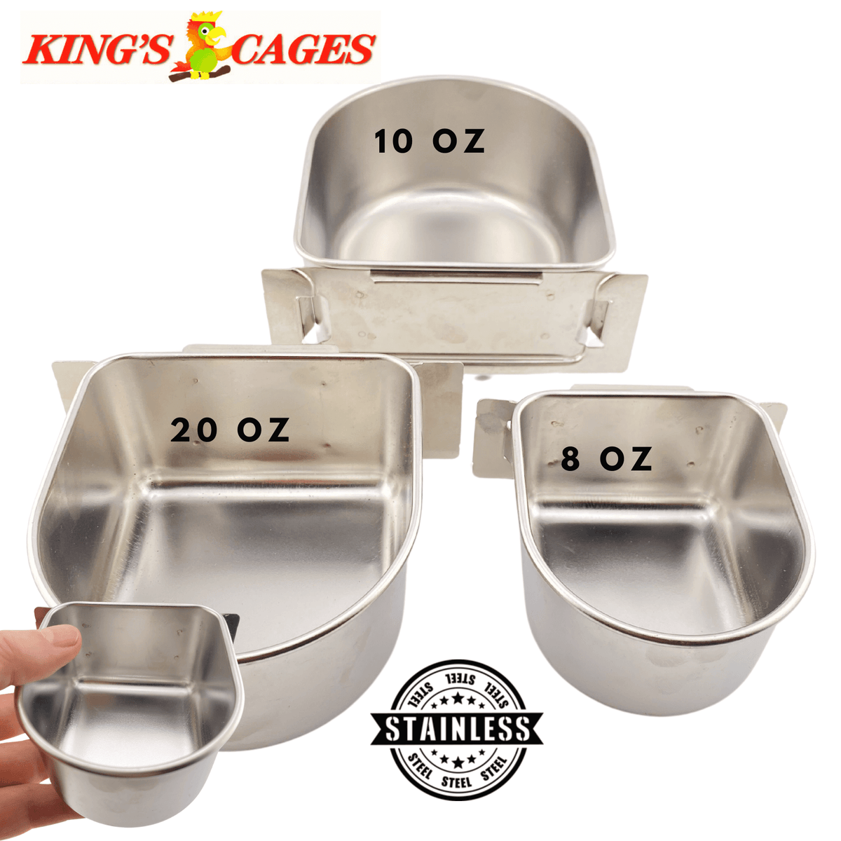 Kings Cages Stainless Steel "D" Cups 8-10-20 Ounce Treat-Seed-Water Feeders