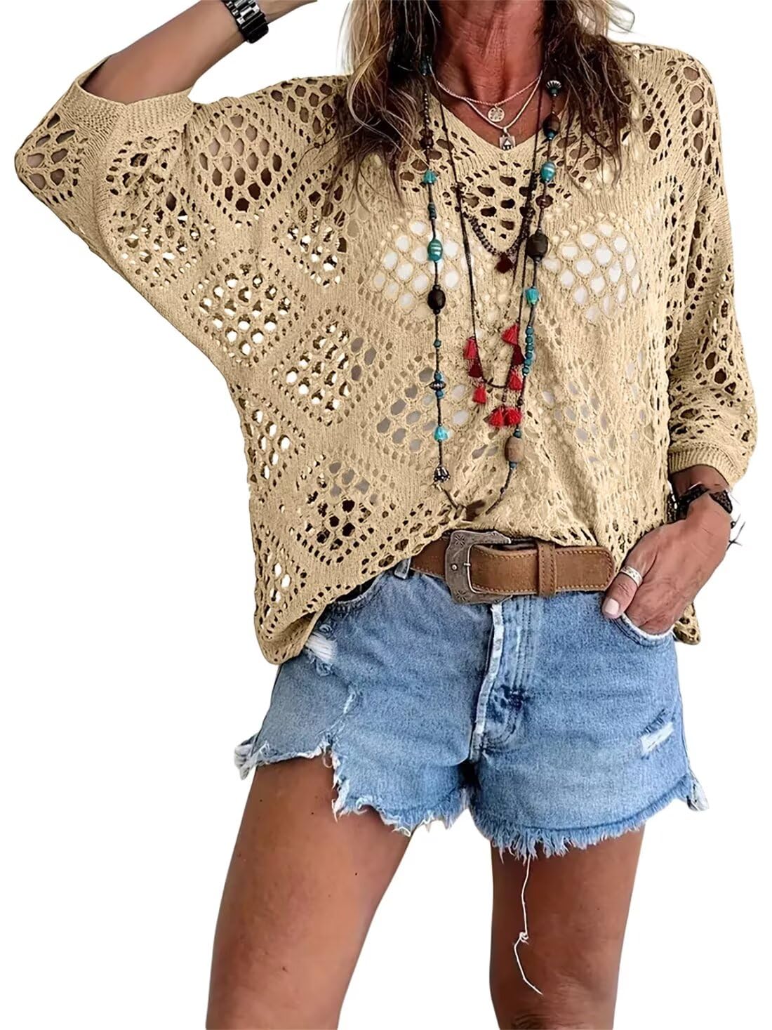 💐Spring Day Sale - Only £14.99!!⚡50K+ SOLD!✨Womens Bohemian-Inspired Beige Crochet Top with V-Neck