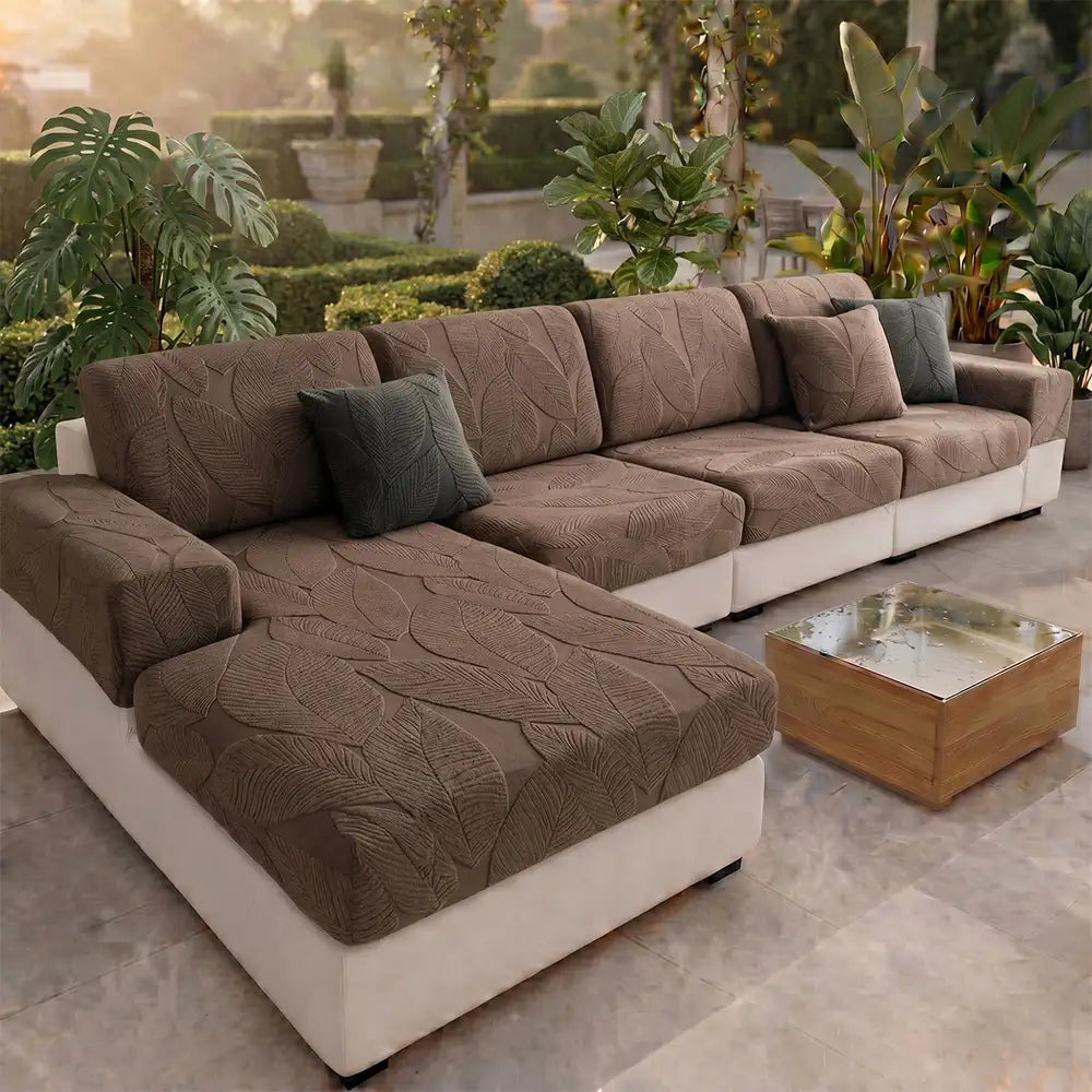 Modern Leaf Jacquard Water-Repellent Anti-Scratch Stretch Full Wrap Sectional Couch Cover