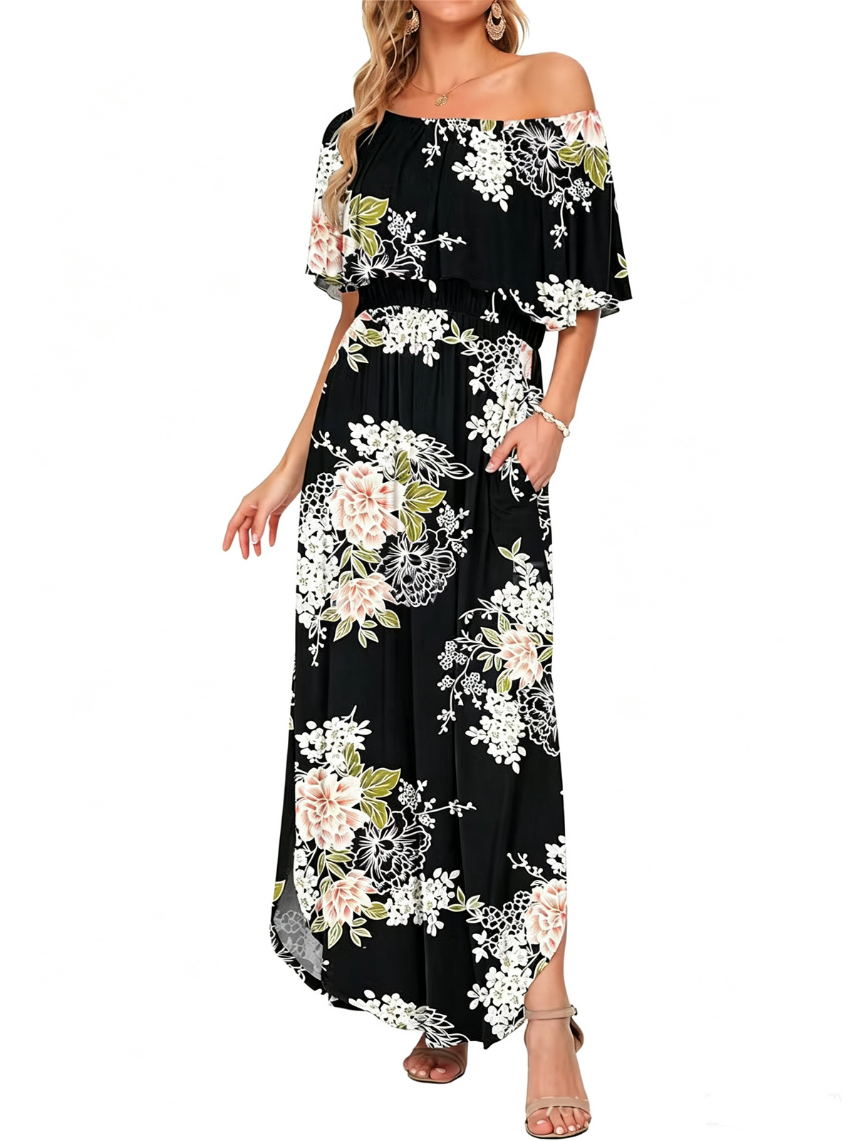 ⏰Last Day Sale 50% OFF💃Women's Off-Shoulder Ruffled Side-Slit Maxi Dress with Pockets ✨