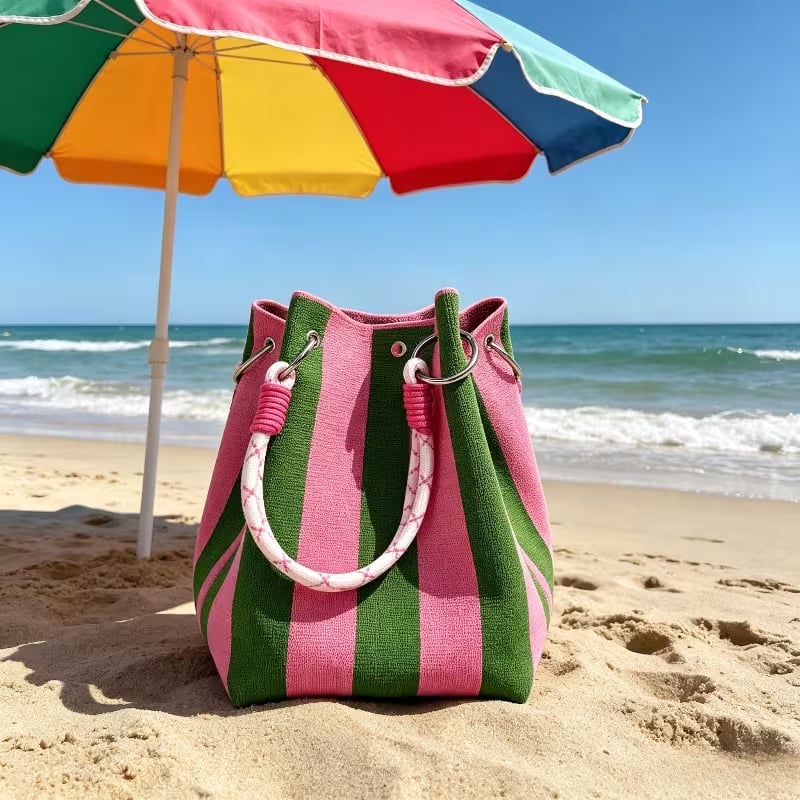 🏆 Limited-Time Sale: 60% OFF 🌴 Boho Striped Knit Bucket Handbag for Women – Handmade Summer Beach Shoulder Bag