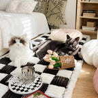 Cream-colored Large Plaid Square Fuzzy Pet Dog Mat Bed Sectional Couch Cover