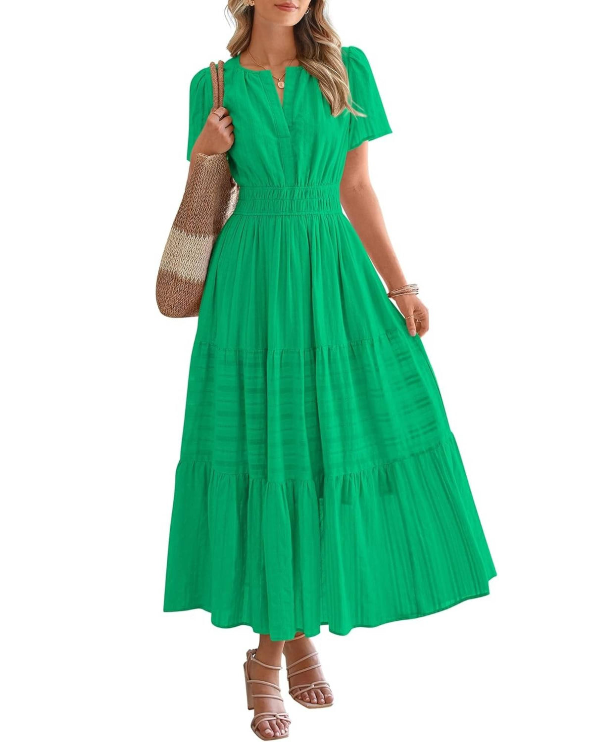⏰Summer Hot Sale 70% OFF🎉Women's Lightweight Short Sleeve V Neck Elastic Waist Dress