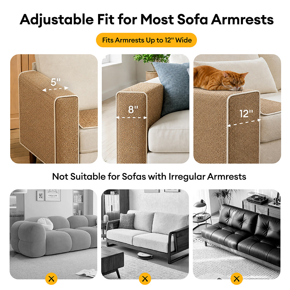 Adjustable Faux Sisal Scratch-Resistant Sofa Armrest Protector Cover for Cats