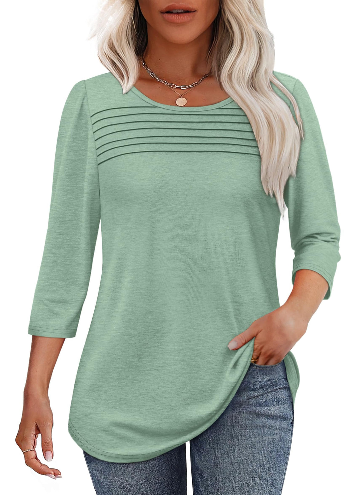 🔥Last Day 60% OFF🔥 2025 Women's 3/4 Length Sleeve Top Pleated Front T-Shirt