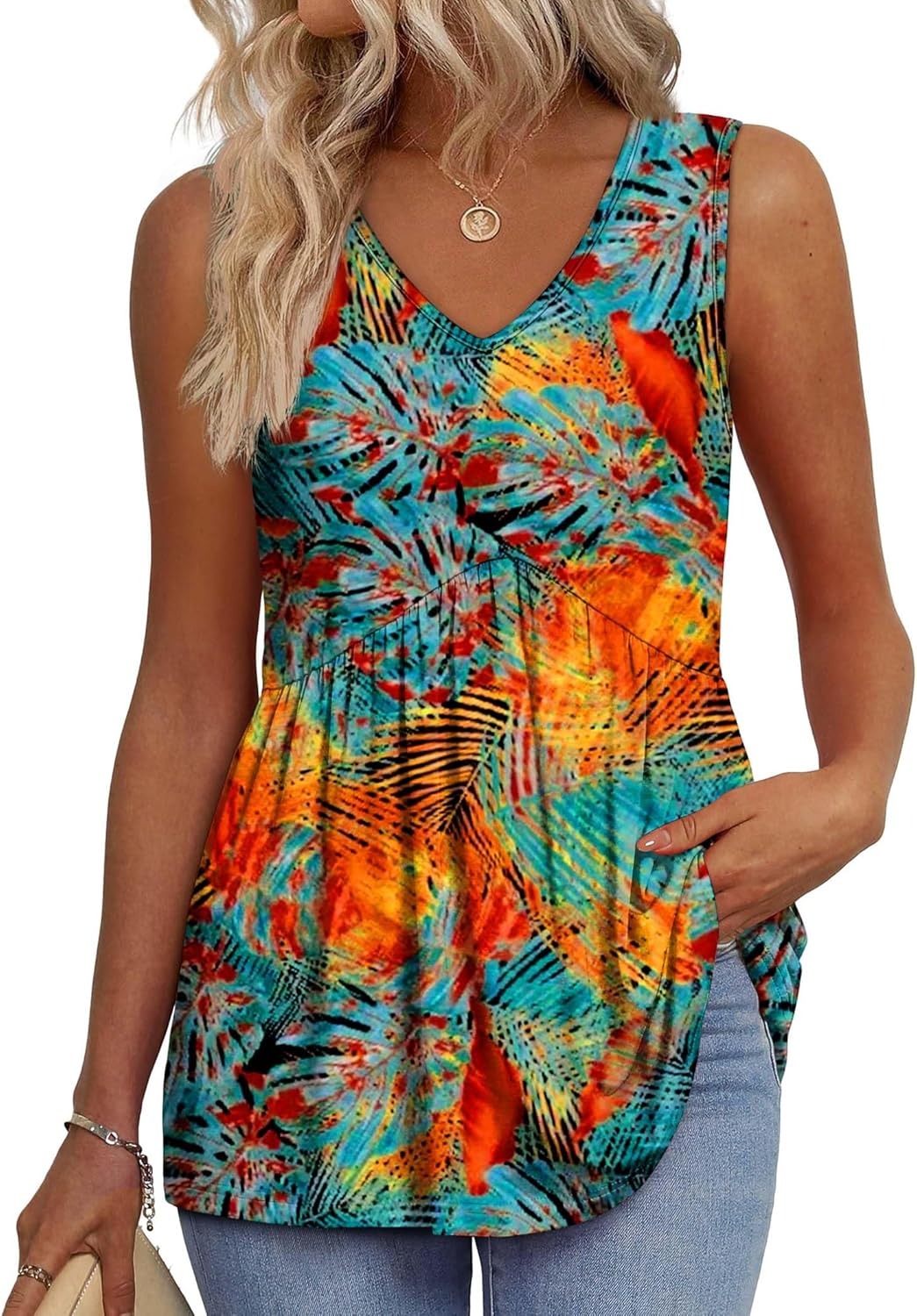 🌞HOT SALE 49% OFF👚Women's Print Flowy Sleeveless V Neck Peplum Tank Tops