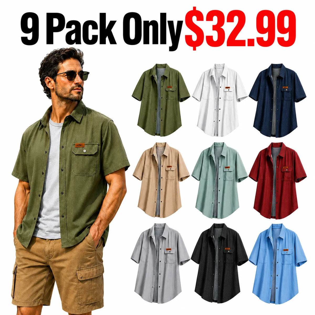 Seasonal Clearance Sale 9 Pack Only$32.99- Men’s Casual Short Sleeve Shirt – Mixed Colors, Everyday Comfort