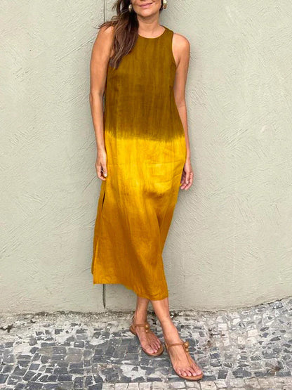 🌷Free Shipping⏳Women's Casual Cotton Linen Slit Gradient Tie-dye Dress