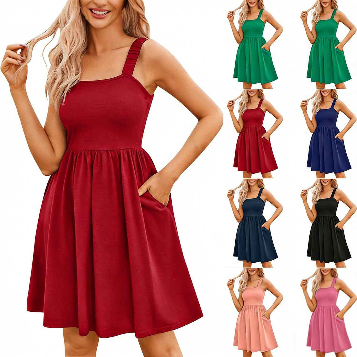 ⏰Hot Sale 70% Off💃Women's Summer Square Neck A-Line Mini Dress with Pockets