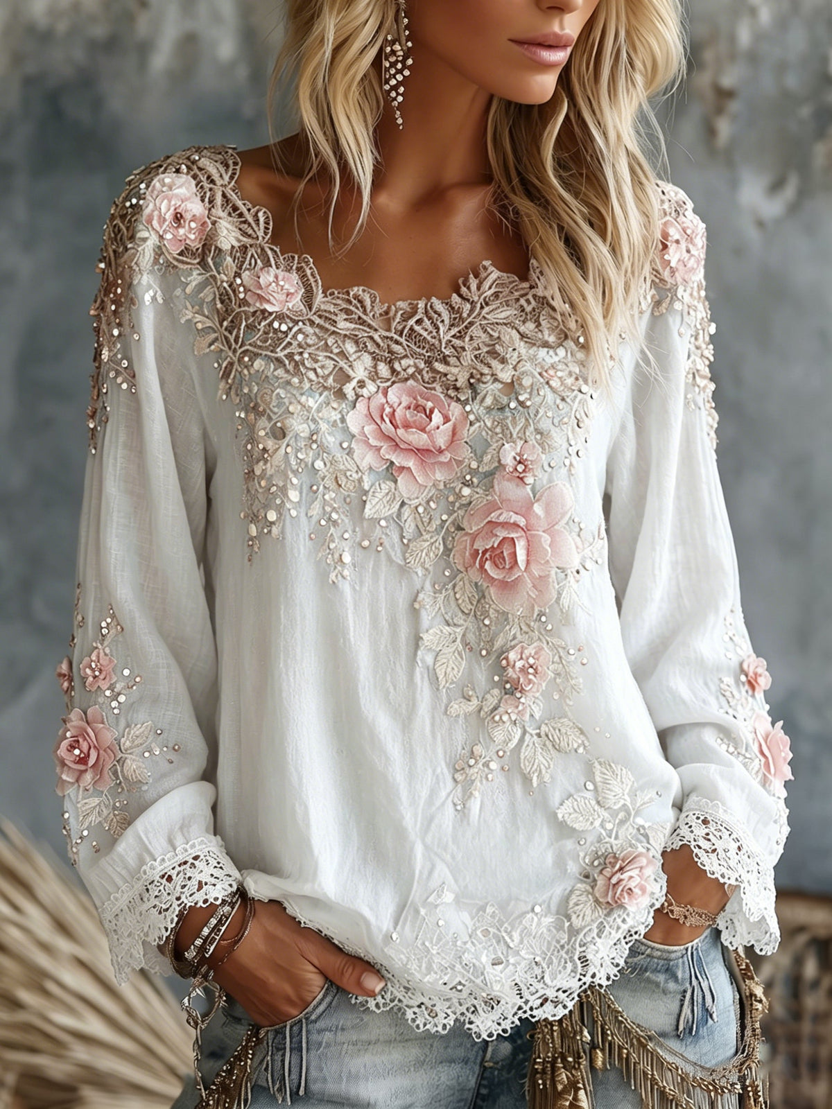 Women's Vintage Rose Floral Art Crew Neck Long Sleeve Linen T-shirt