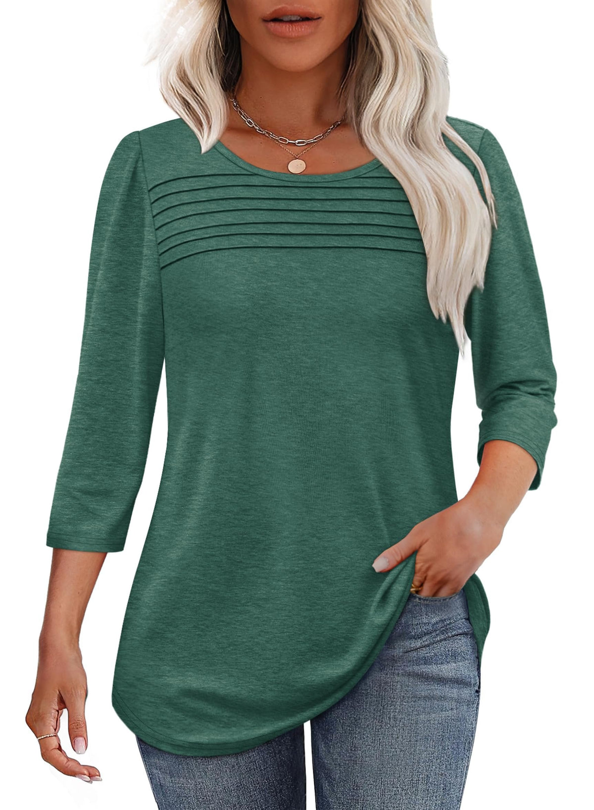 🔥Last Day 60% OFF🔥 2025 Women's 3/4 Length Sleeve Top Pleated Front T-Shirt